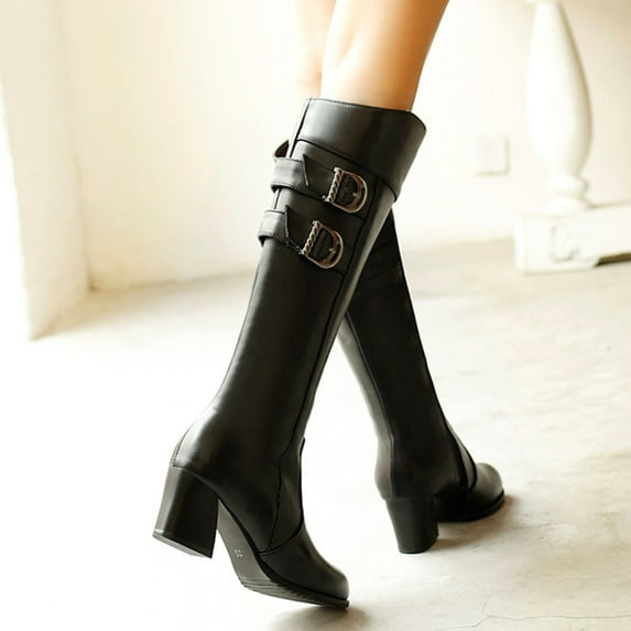 BONIXOOM Womens Boots High Heel Rubber Slip-On Knee High Winter Black