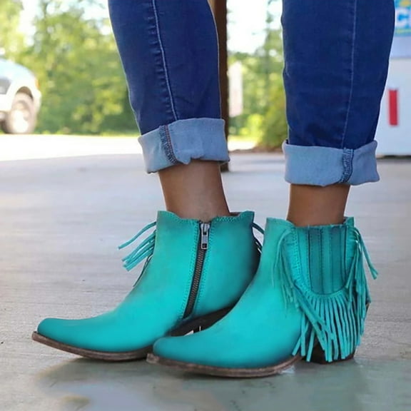 BONIXOOM Womens Boots Low Heel Rubber Slip-On Ankle Winter Blue