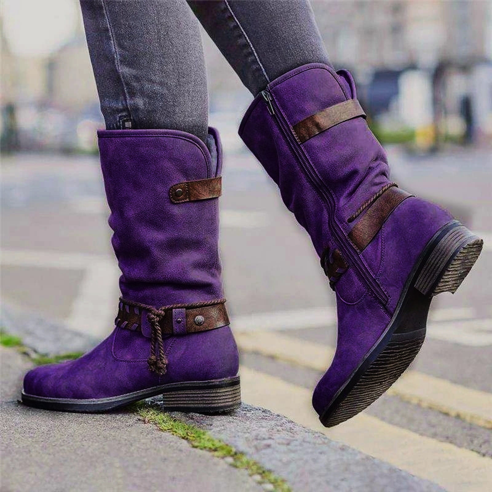 BONIXOOM Womens Boots Low Heel Rubber Zip-Up Mid-Calf Winter Purple ...