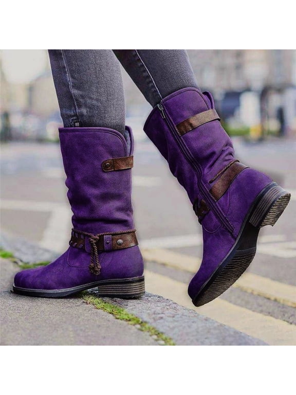 Womens Boots Low Heel Rubber Zip-Up Mid-Calf Winter Purple