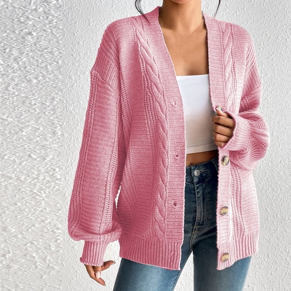 BONIXOOM Womens Cardigans Fall Plush Cardigan Womens Long Sleeve Button Solid Vacation Cardigan Pink S