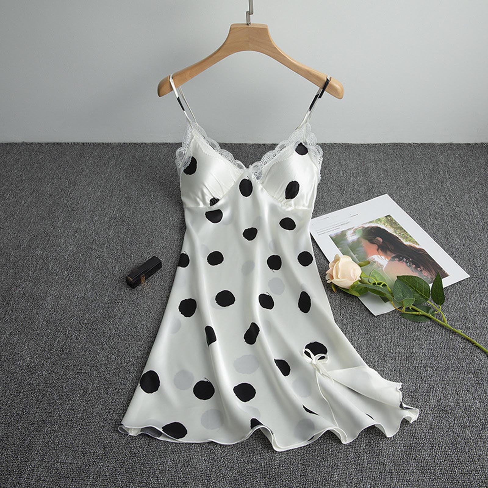 BONIXOOM Womens Christmas Pajamas Christmas Pajamas Loungewear Drawstring Long Sleeve Sleep Dress Polka Dot White M