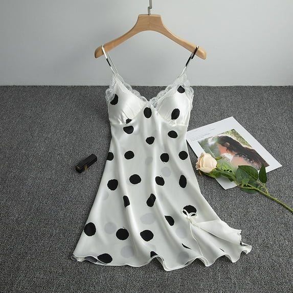 BONIXOOM Womens Christmas Pajamas Christmas Pajamas Loungewear Drawstring Long Sleeve Sleep Dress Polka Dot White M