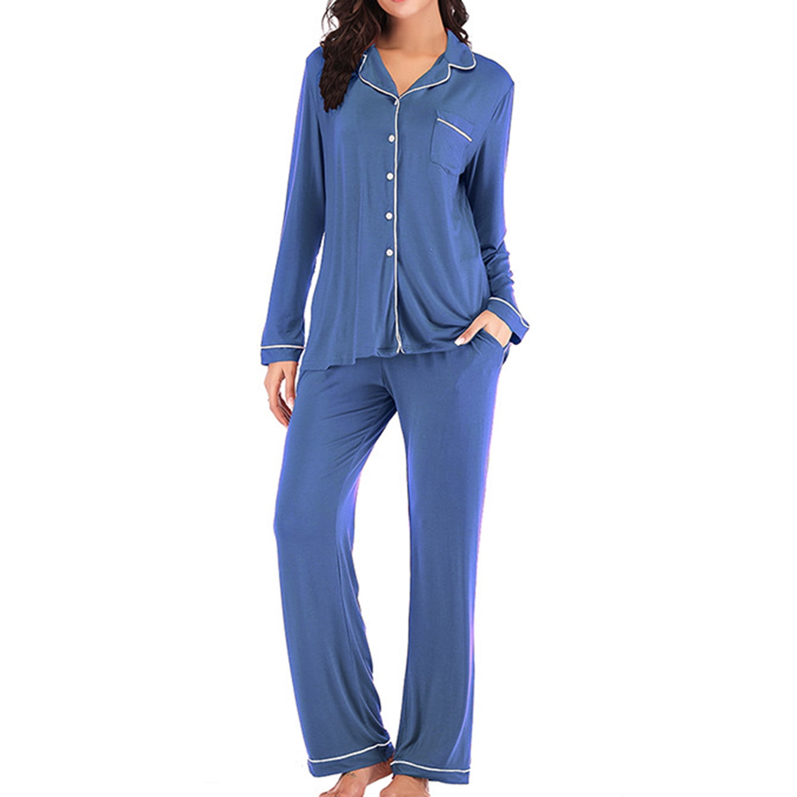 BONIXOOM Womens Christmas Pajamas Christmas Pajamas Loungewear None Long Sleeve Sleepwear Sets Solid Blue XXL