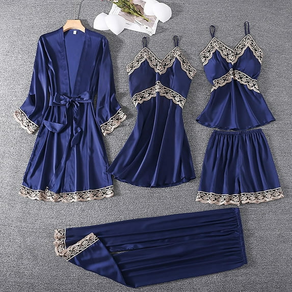 BONIXOOM Womens Christmas Pajamas Couples Christmas Pajamas Loungewear Belt Long Sleeve Sleepwear Sets Solid Navy XXL