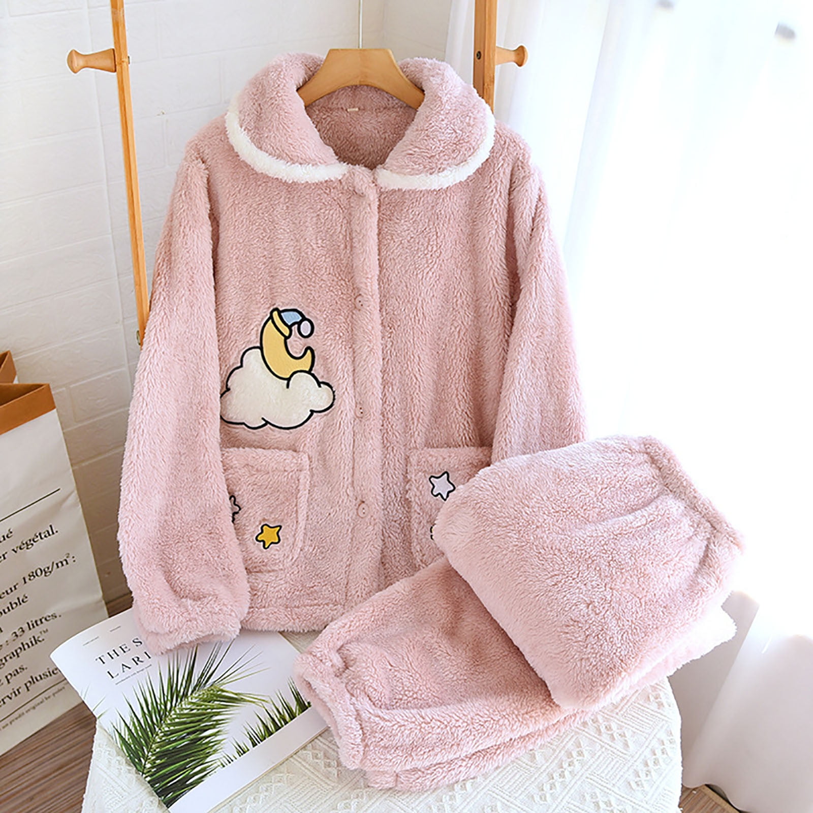 BONIXOOM Womens Christmas Pajamas Couples Christmas Pajamas Loungewear Button Long Sleeve Sleepwear Sets Solid Pink M