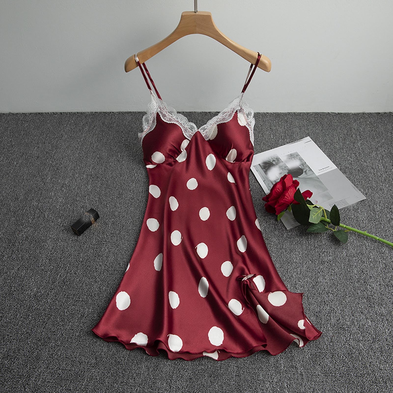 BONIXOOM Womens Christmas Pajamas Couples Christmas Pajamas Loungewear Drawstring Long Sleeve Sleep Dress Polka Dot Wine M