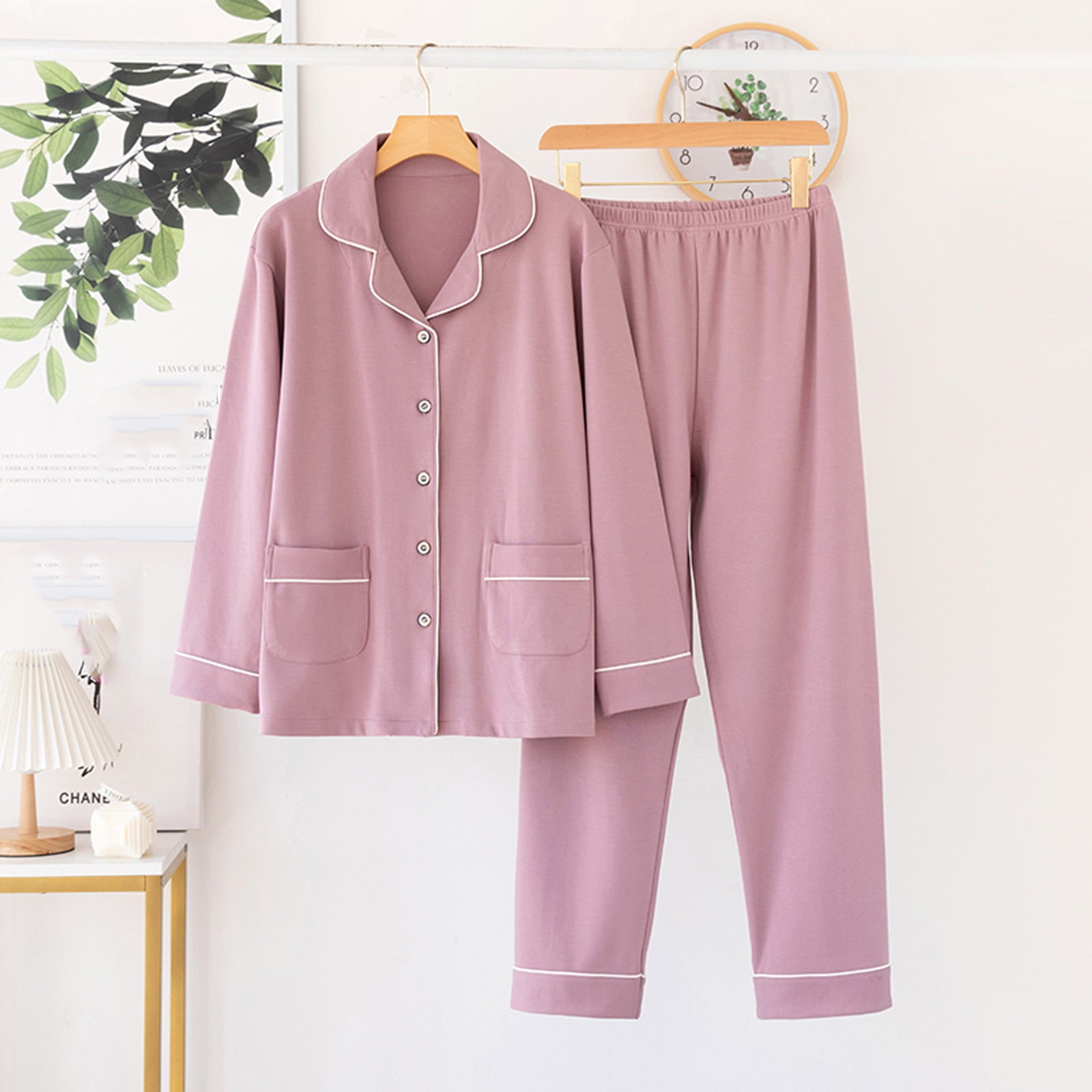 BONIXOOM Womens Christmas Pajamas Couples Christmas Pajamas Sleepwear Button Long Sleeve Sleep Pants Solid Purple XL