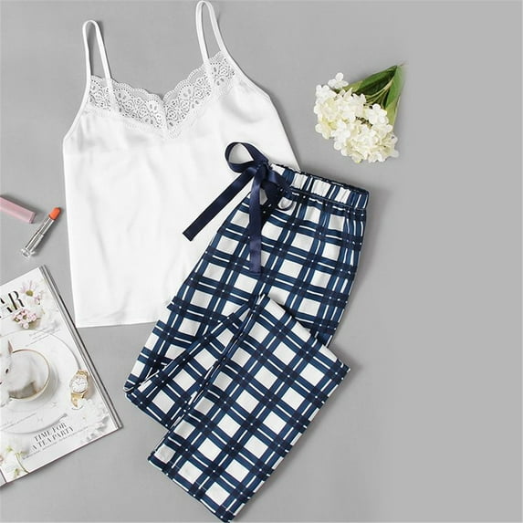 BONIXOOM Womens Christmas Pajamas Family Christmas Pajamas Matching Sets Sleepwear Drawstring Sleeveless Sleepwear Sets Plaid White M