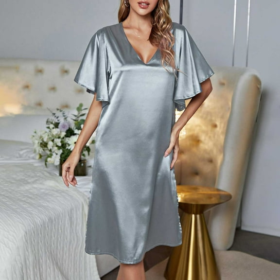 BONIXOOM Womens Christmas Pajamas Thanksgiving Pajamas Loungewear None Short Sleeve Sleep Dress Solid Gray XL