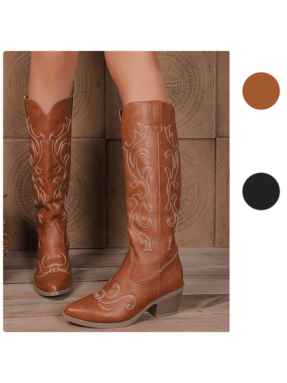 Womens Fall Boots Western Cowboy Style Pointed Toe Chunky Short V-Cut Shoes Mid Calf Casual Fashion for Faily Outdoor