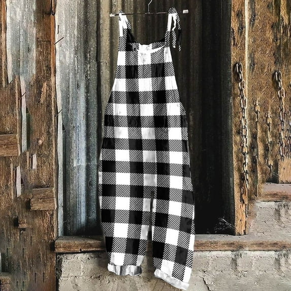 BONIXOOM Womens Jumpsuit Pants for Women Plaid Mid Waisted Long Camping Beach Jumpsuit Baggy Fit Flare-Leg Standard Black 2XL