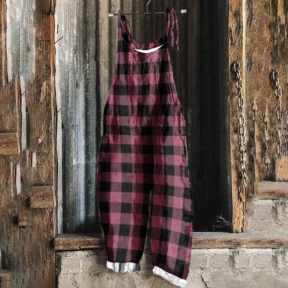 BONIXOOM Womens Jumpsuit Pants for Women Plaid Mid Waisted Long Camping Beach Jumpsuit Baggy Fit Flare-Leg Standard Pink L