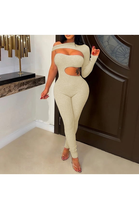 Womens Jumpsuit Women's Pants Solid Mid Waisted Long Jogging Beach Dress Skinny Slim-Leg Dress Beige L