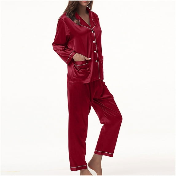 BONIXOOM Womens Pajamas Christmas Pajamas Sleepwear None Long Sleeve Sleepwear Sets Solid Red L