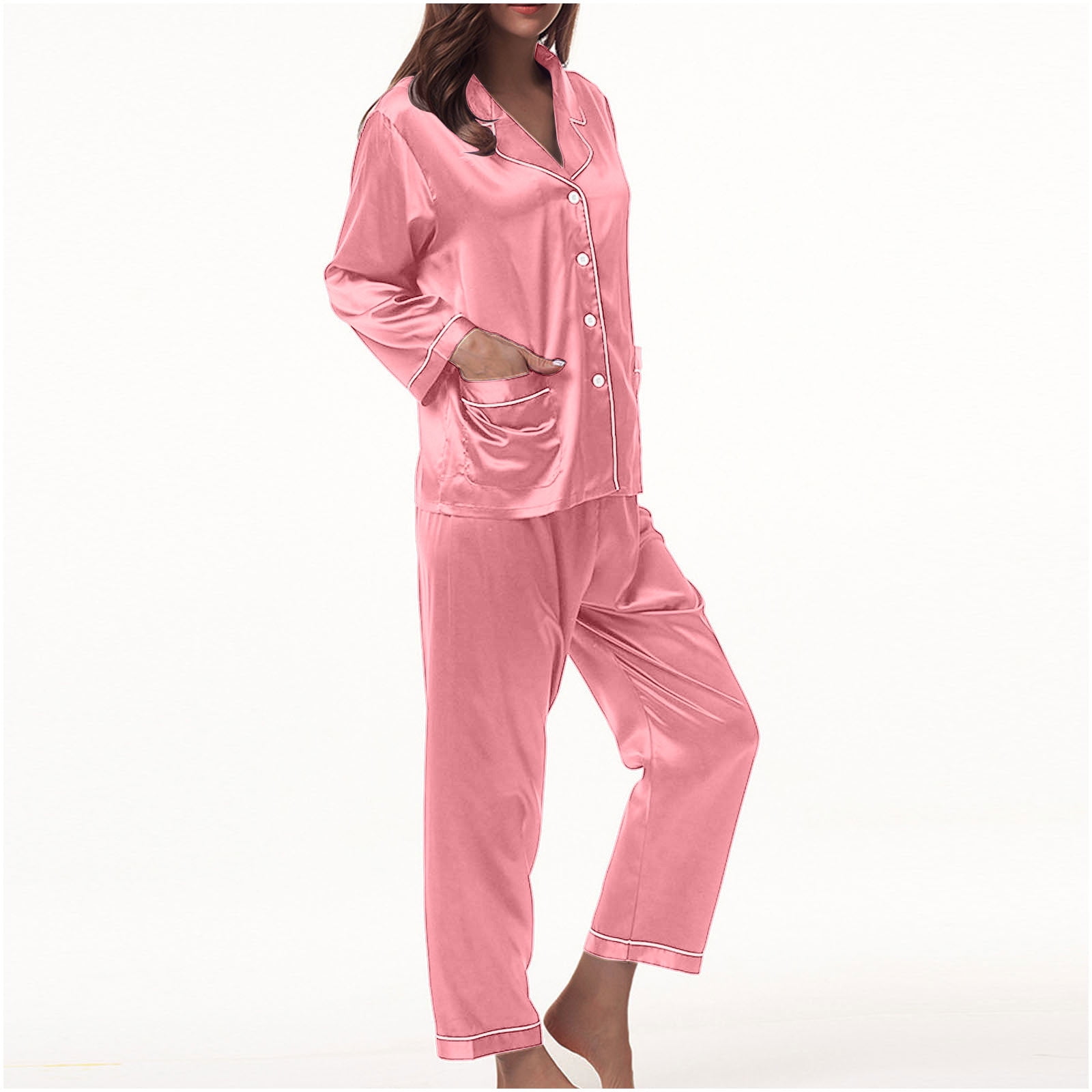 BONIXOOM Womens Pajamas Couples Christmas Pajamas Sleepwear None Long Sleeve Sleepwear Sets Solid Pink XXL