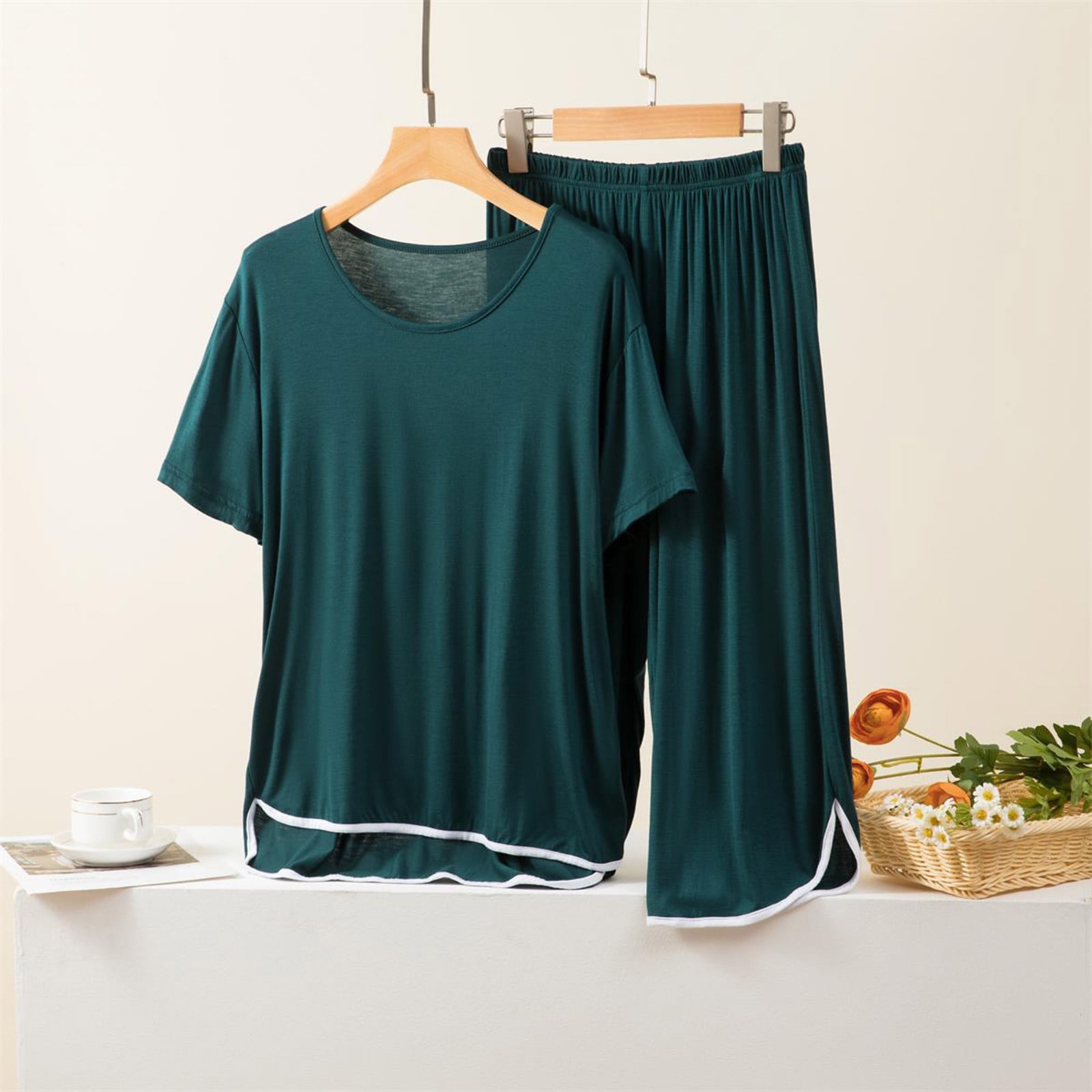 BONIXOOM Family Christmas Pajamas Pajamas For Women Sleepwear Tie Short Sleeve Solid Sleepwear Sets Army Green XXL