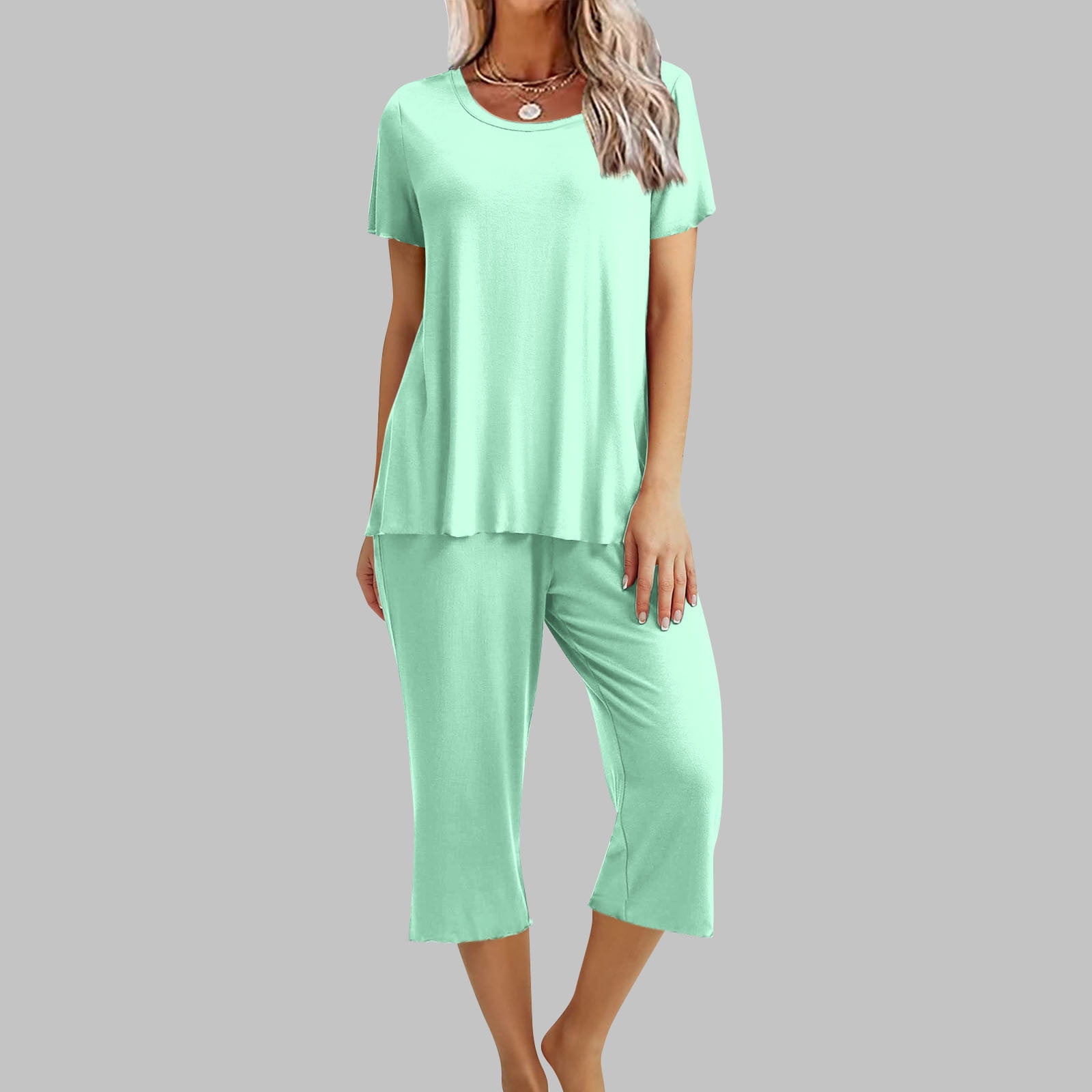 BONIXOOM Womens Pajamas Matching Christmas Pajamas Loungewear Tie Short Sleeve Sleepwear Sets Solid Mint Green XL