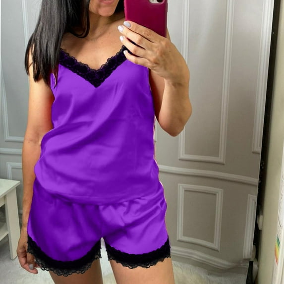 BONIXOOM Womens Pajamas Matching Christmas Pajamas Sleepwear Drawstring Long Sleeve Sleep Shorts Solid Purple S