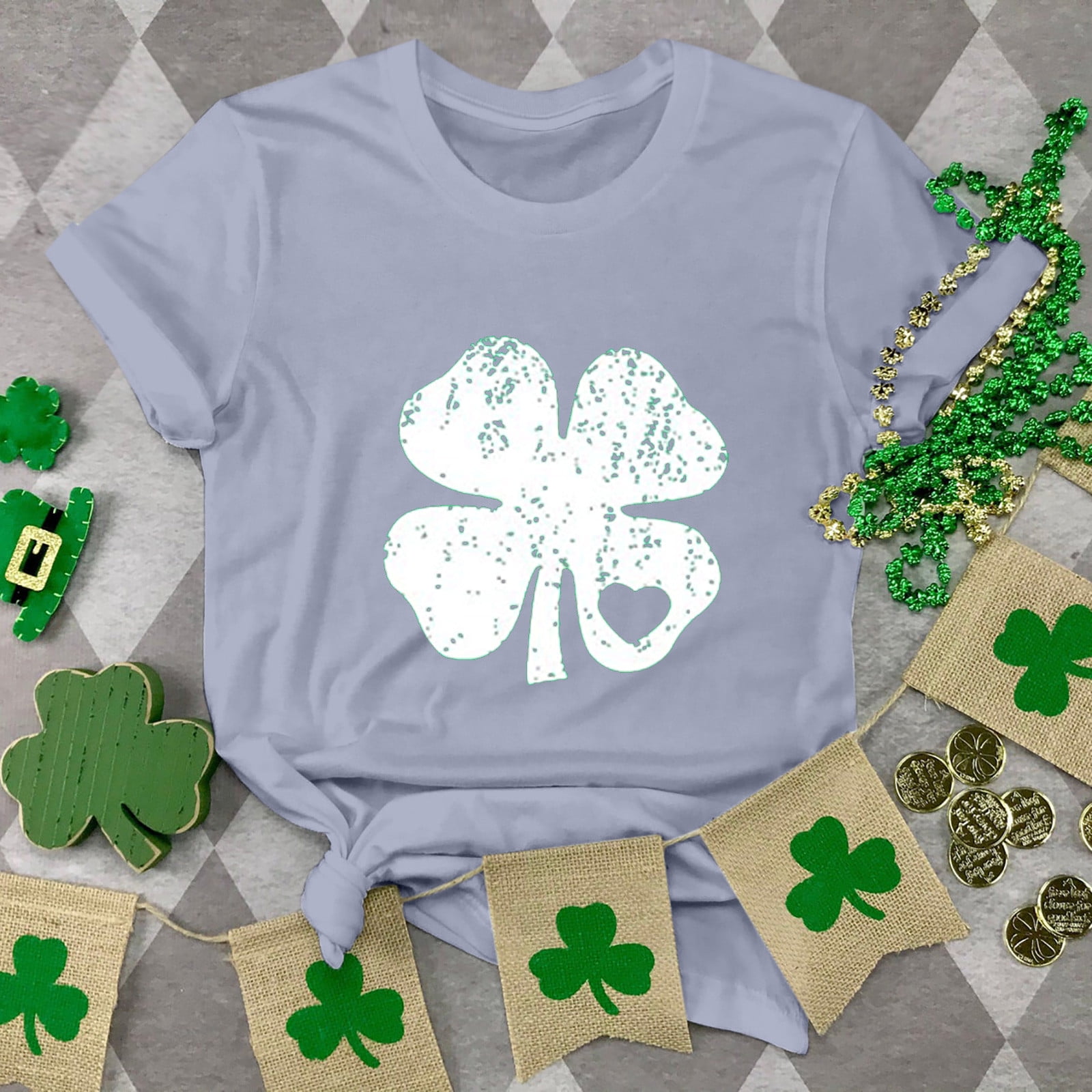 BONIXOOM Womens Pajamas St. Patrick's Day Fashion Women's Round Neck Shirt Tees Short Sleeve T Shirt Printing Shirt Tops Blouse Workout Tops For Women Gray S