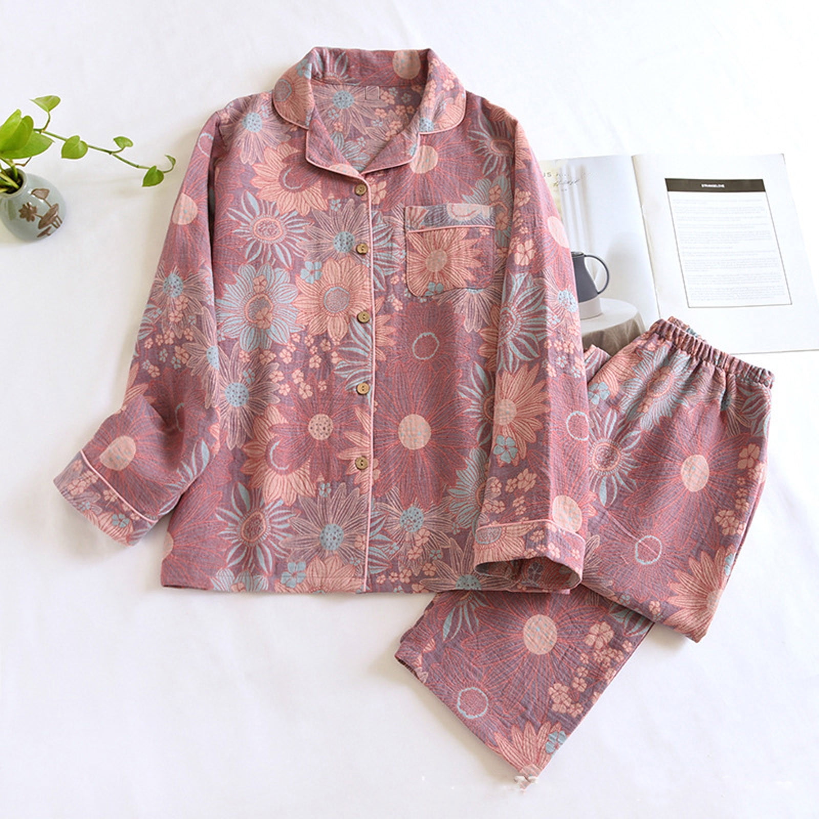 BONIXOOM Womens Pajamas Thanksgiving Pajamas Sleepwear Button Long Sleeve Sleep Pants Printed Watermelon Red M
