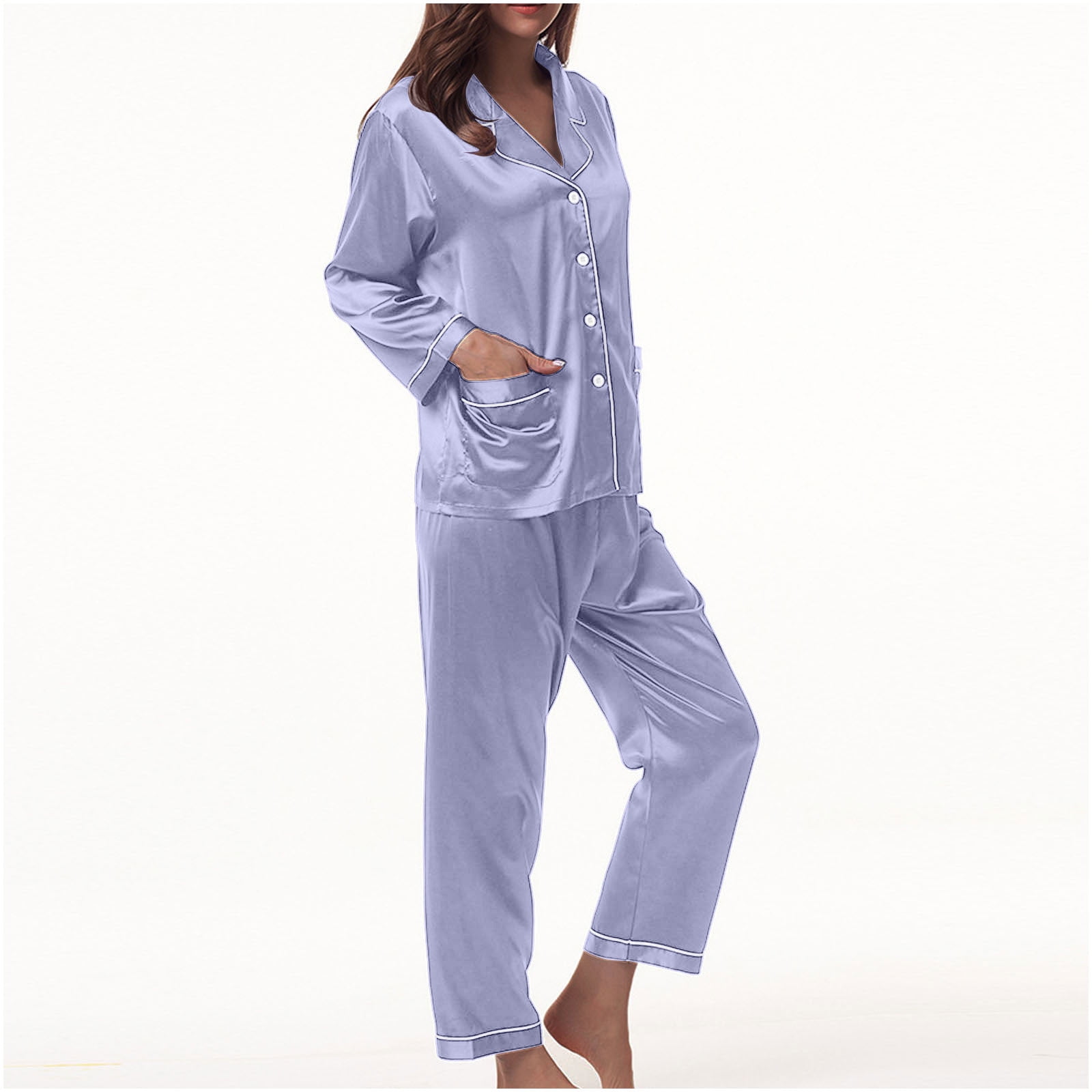 BONIXOOM Womens Pajamas Thanksgiving Pajamas Sleepwear None Long Sleeve Sleepwear Sets Solid Light Blue M