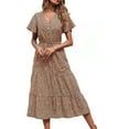 thumbnail image 1 of BONIXOOM Womens Summer Dresses Beach Casual V-Neck Tab Short Sleeve Ruffles Dress Floral Brown Dresses, 1 of 8