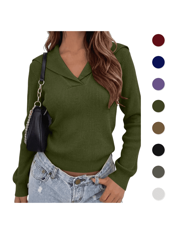 Womens Sweatshirts Sailor Collar V-Neck Ribbed Knit Long Sleeve Fitted Pullover Comfortable Fall Casual Soft Top