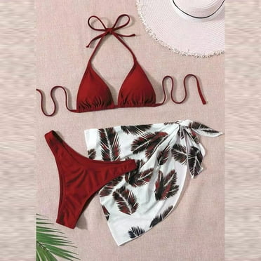 BONIXOOM Womens Swimsuits Tankini Elastic Solid Bikinis Bikini Summer Swimwears on Clearance Red Size 4