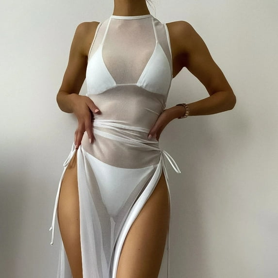 BONIXOOM Womens Swimsuits Tankini None Solid Swim Dress High Cut Summer Swimwears on Clearance White Size 4