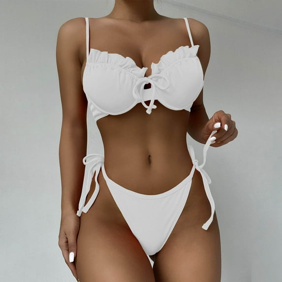 BONIXOOM Womens Swimsuits Wire-Free None Solid Bikinis Bikini Summer Swimwears on Clearance White Size 6