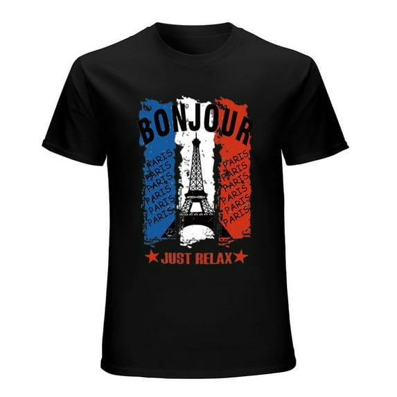 BONJOUR PARIS Vintage T-shirt Mens Cotton Classic Crewneck Short Sleeve Tees Unisex Black XL