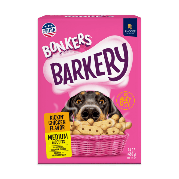 BONKERS Barkery Dog Treats, Kickin' Chicken Flavor Dry Dog Biscuits for Medium Dog Breeds, 24 oz Box