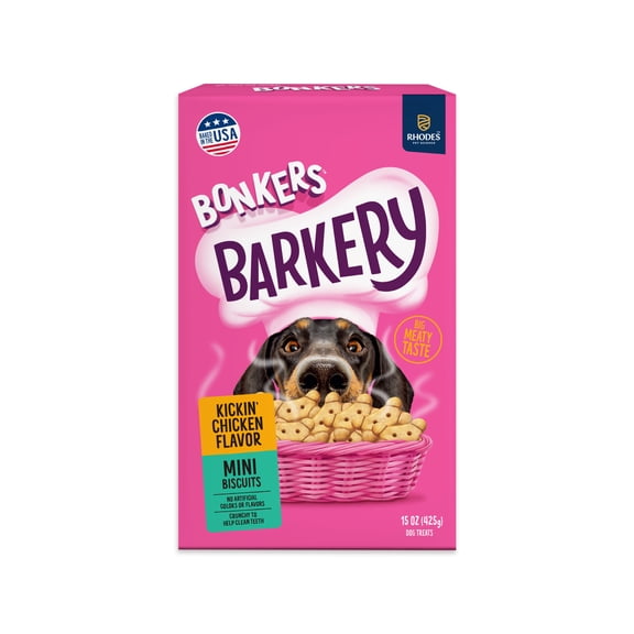 BONKERS Barkery Mini Breed Kickin' Chicken Flavored Dry Biscuit Treats for Dogs, 15oz Box