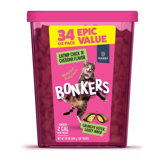BONKERS Bites Catnip & Chick 'N' Cheddar Flavor Crunchy & Soft Treats for Cats, 34oz Tub
