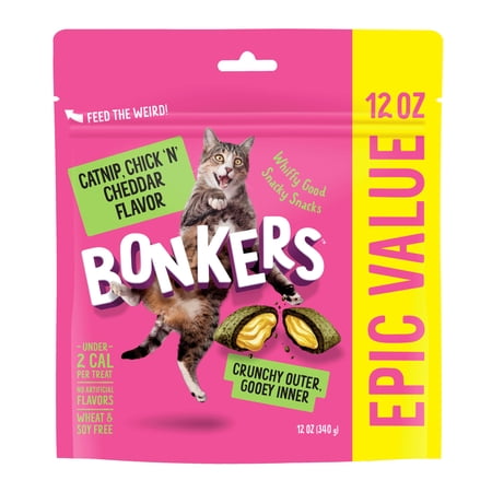 BONKERS Bites Catnip & Chick 'N' Cheddar Flavor Crunchy & Soft Treats for Cats, 12oz Bag