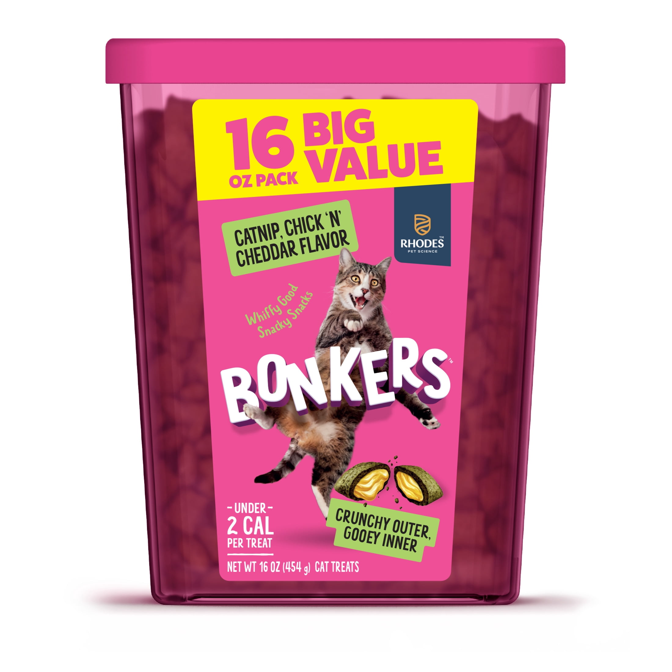 BONKERS Bites Catnip & Chick 'N' Cheddar Flavor Crunchy & Soft Treats for Cats, 16oz Tub