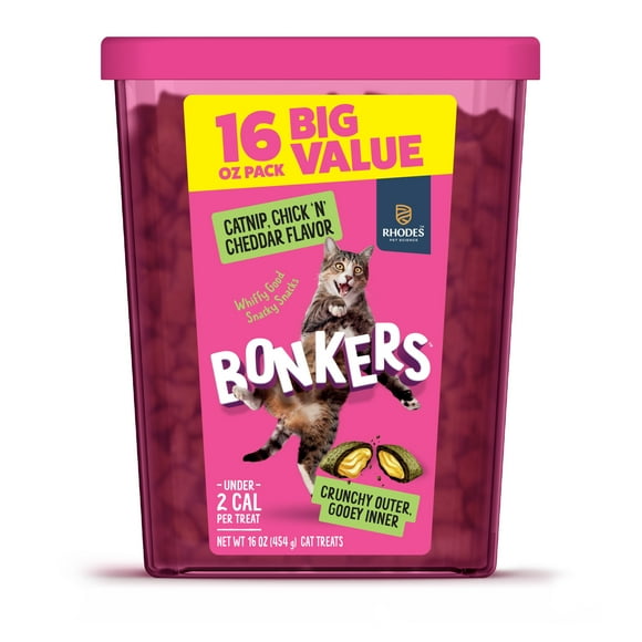 BONKERS Bites Catnip & Chick 'N' Cheddar Flavor Crunchy & Soft Treats for Cats, 16oz Tub