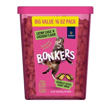 BONKERS Cat Bites, Catnip & Chick 'N' Cheddar Flavor, Crunchy & Soft Cat Snacks, Treats for Cats, 16 oz Tub