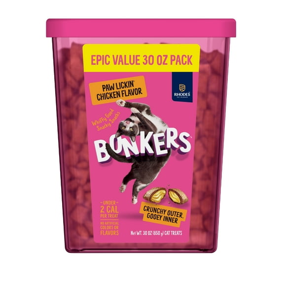 BONKERS Bites Paw Lickin' Chicken Flavor Crunchy & Soft Treats for Cats, 30oz Tub