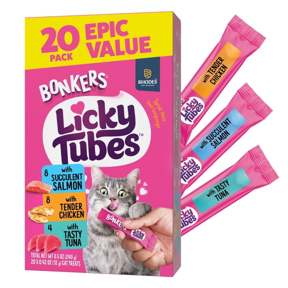 BONKERS Licky Tubes Chicken, Salmon, and Tuna Flavored Wet Cat Treats, 20 Pieces