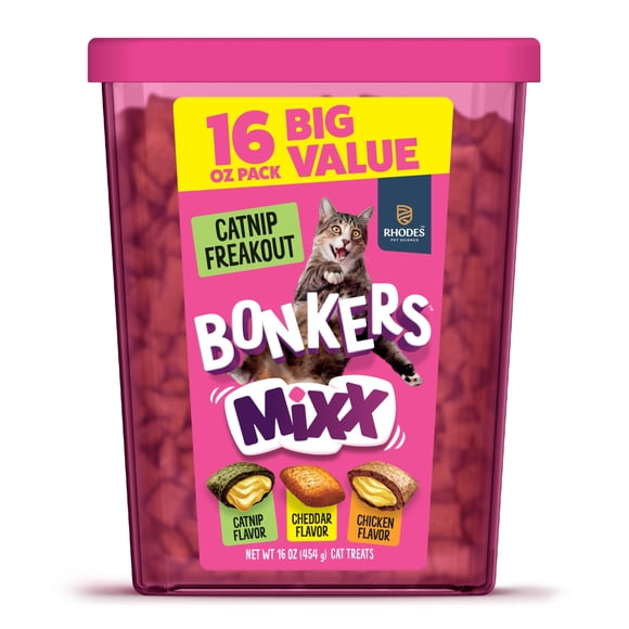 BONKERS Mixx Crunchy Cat Treats Catnip Freakout Variety Pack Catnip, Cheddar, and Chicken Flavors 16 oz Value Tub