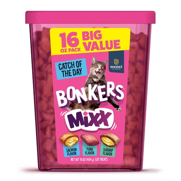 BONKERS Mixx Crunchy Cat Treats Catch of the Day Variety Pack Salmon, Tuna, and Shrimp Flavors 16 oz Value Tub