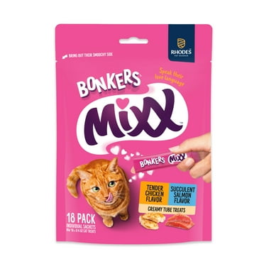 BONKERS Mixx, Chicken & Salmon Flavor, Wet Lickable Tube Cat Snacks, Treats for Cats, 18 Piece Pouch