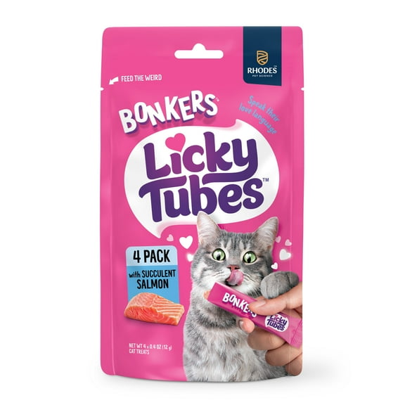 BONKERS Licky Tubes Salmon Flavored Wet Lickable Treats for Cats, 4 Pack