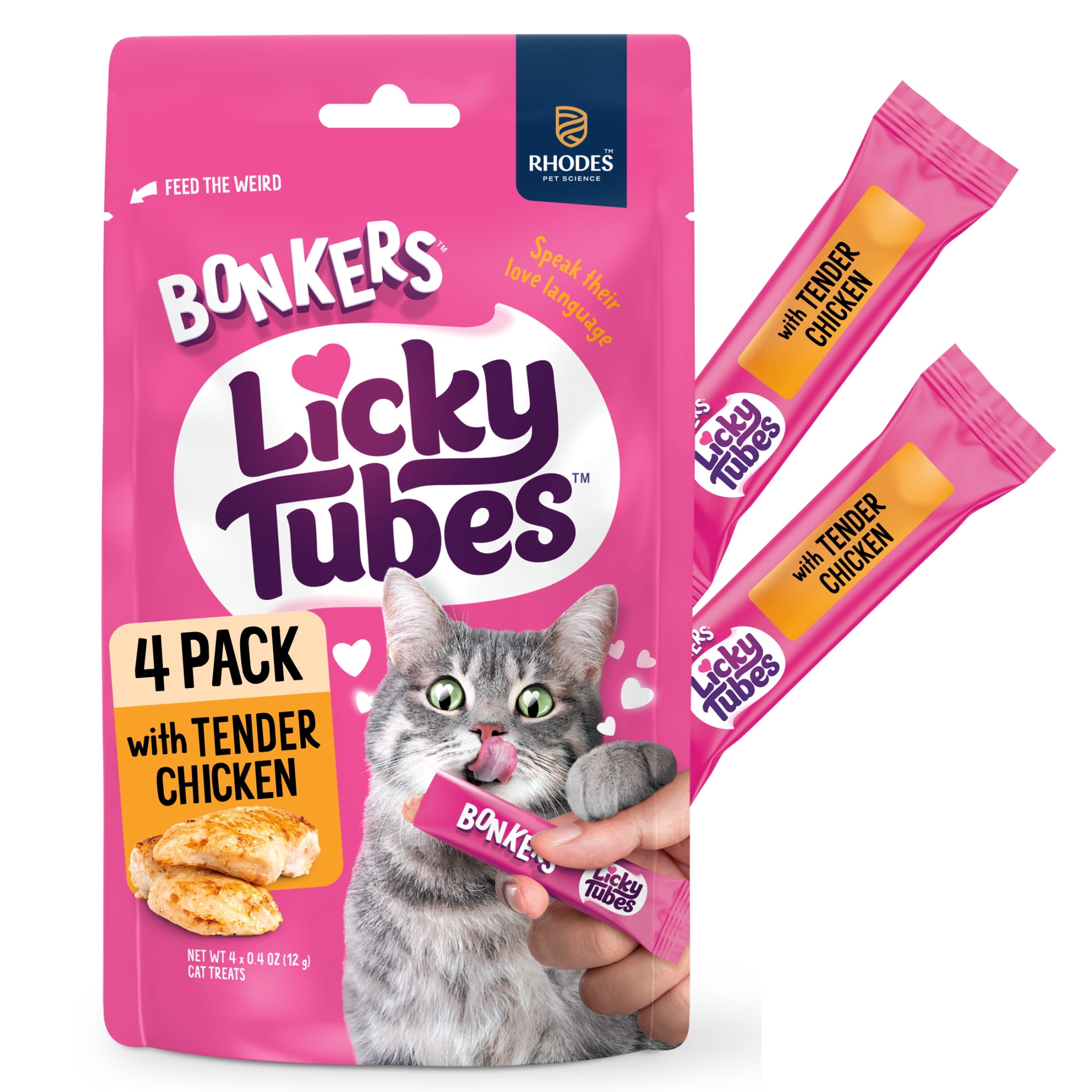 BONKERS Licky Tubes Chicken Flavored Wet Lickable Treats for Cats, 4 Pack