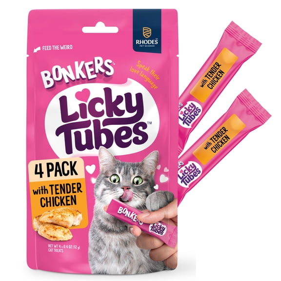 BONKERS Licky Tubes Chicken Flavored Wet Lickable Treats for Cats, 4 Pack