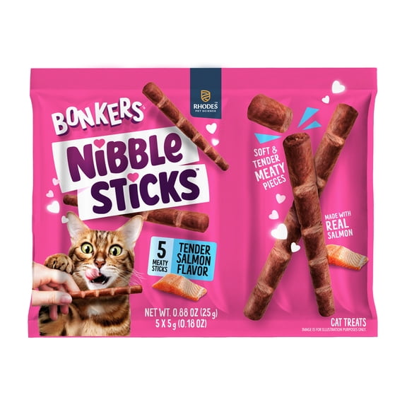 BONKERS Nibble Sticks Soft & Meaty Tender Salmon Flavor Cat Treats, 5 Sticks