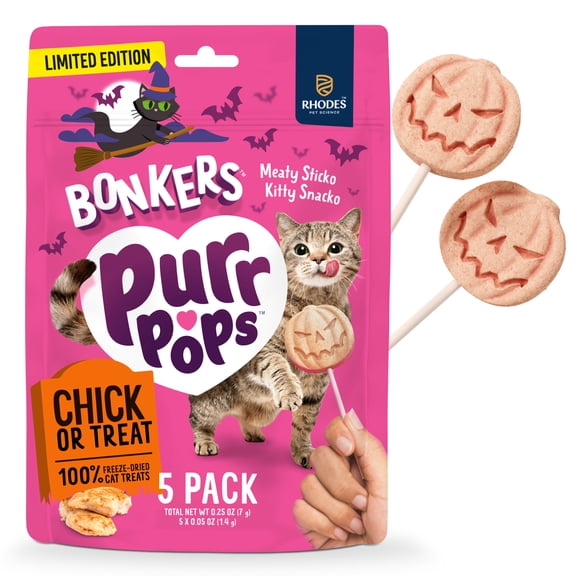 BONKERS Purrpops, Halloween Edition Freeze Dried Chicken Flavored Lollipop Cat Treats, 5 Pieces
