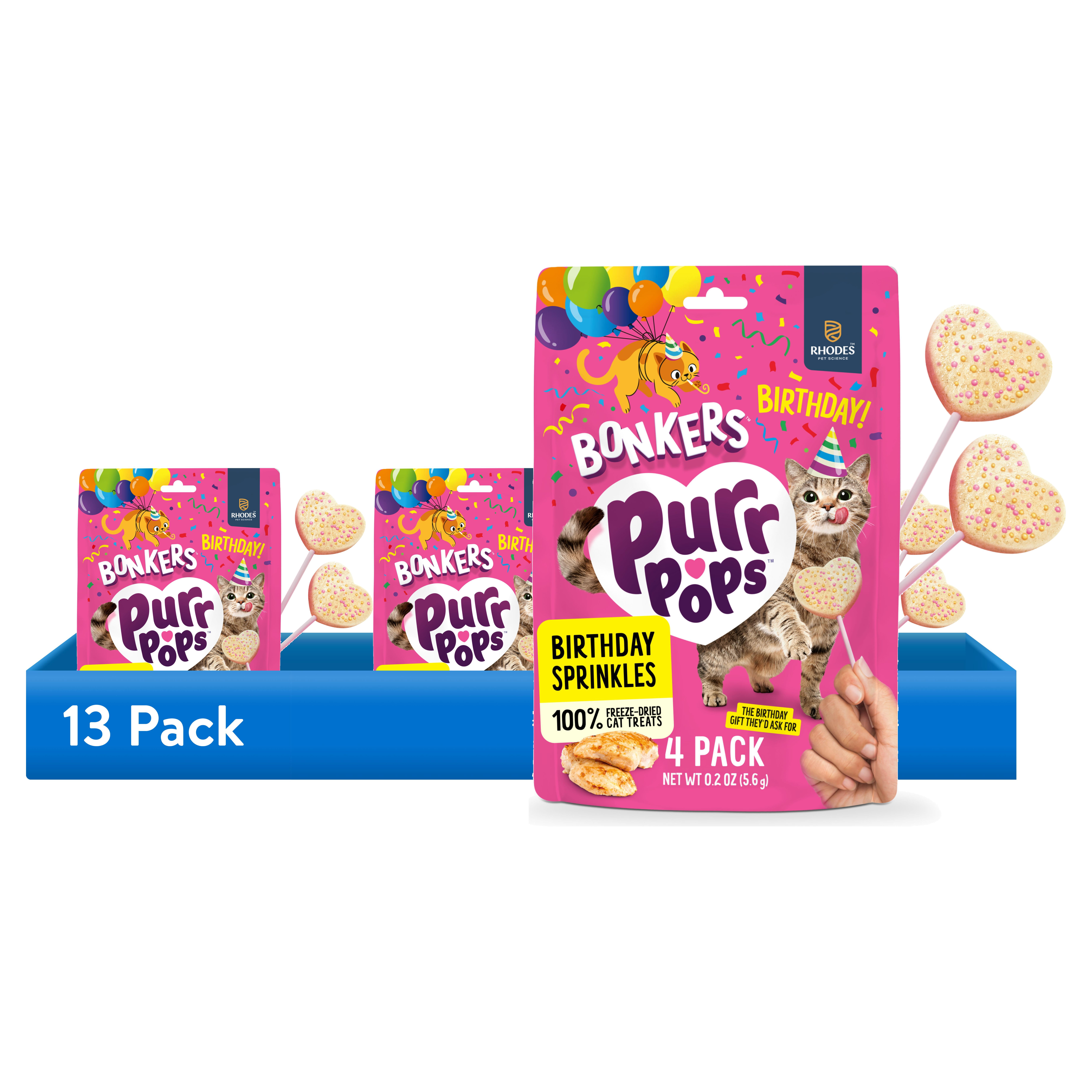 (13 pack) BONKERS Purrpops Birthday Edition Freeze-Dried Chicken Flavored Lollipop Treats for Cats, 4 pack